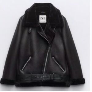 Zara Women's Black Faux Leather Shearling Biker Jacket